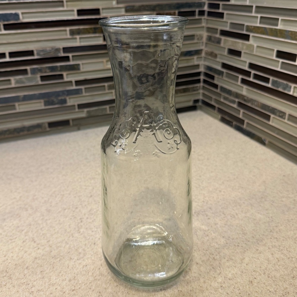 Vintage Anchor Hocking Clear Glass Carafe Beverage Pitcher Decanter Embossed 10"